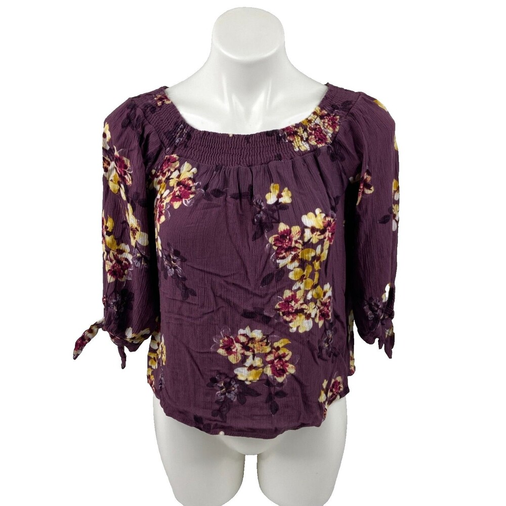 Timing Women Small Floral Short Blouse Tie Sleeve Elastic Neck Summer